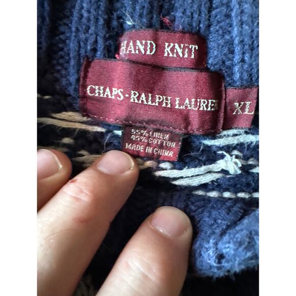 Chaps Ralph Lauren Christmas Reindeer Hand Knit Cotton Linen Navy XL Sweater - Picture 2 of 11